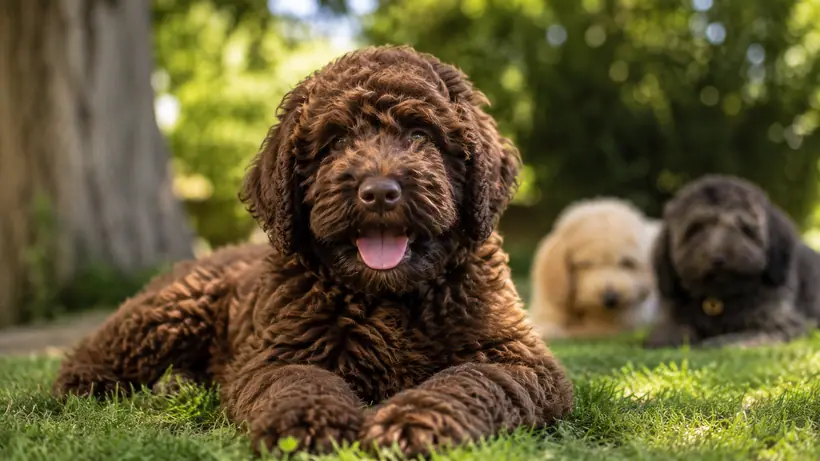 Chiot Australian Cobberdog chocolat couché dans l'herbe, deux autres chiots flous en arrière-plan