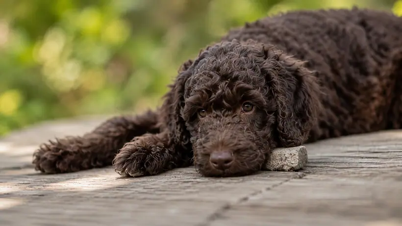 Chiot Australian Cobberdog chocolat couché, la tête posée sur des planches de bois