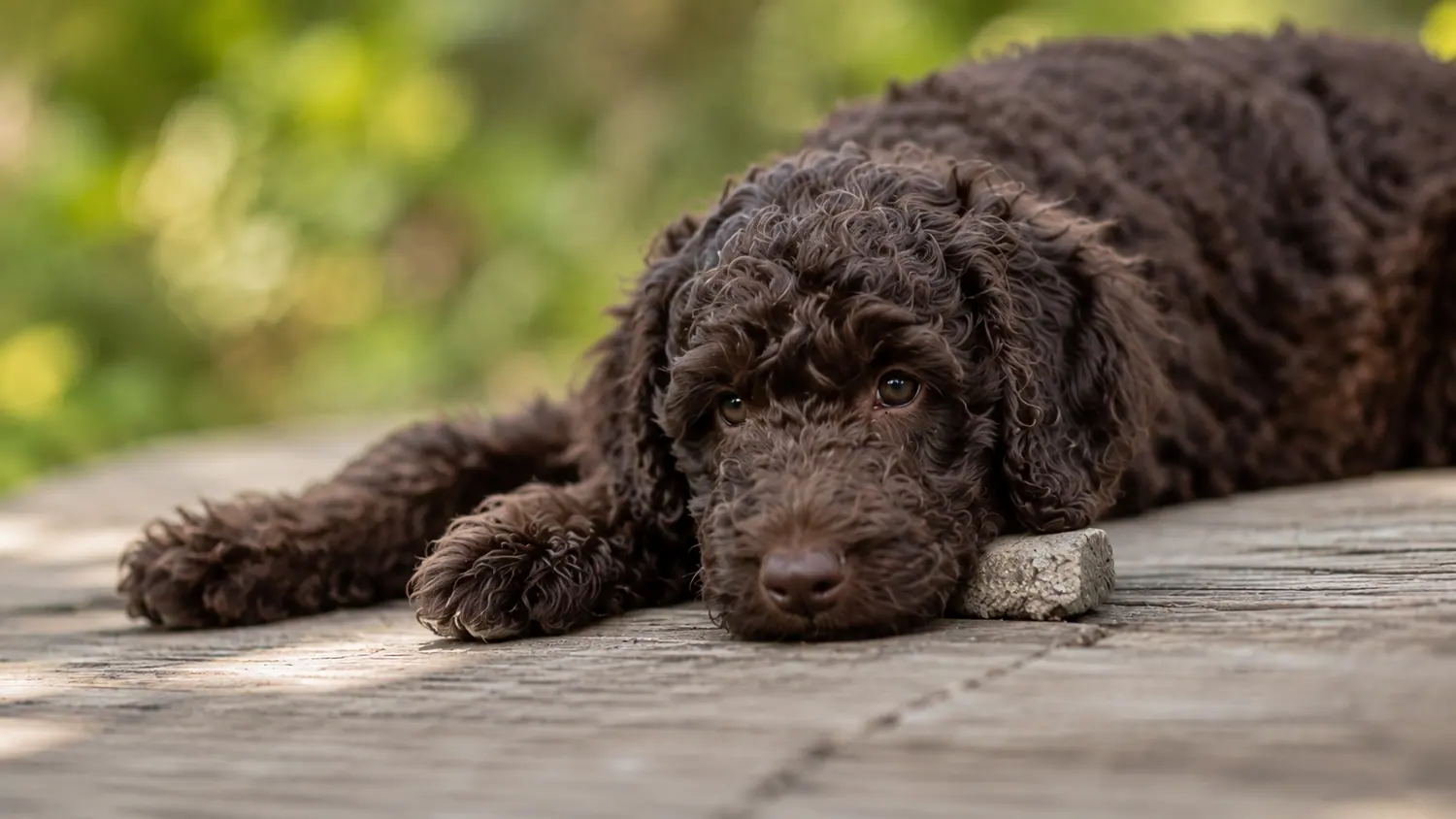 Chiot Australian Cobberdog chocolat couché, la tête posée sur des planches de bois