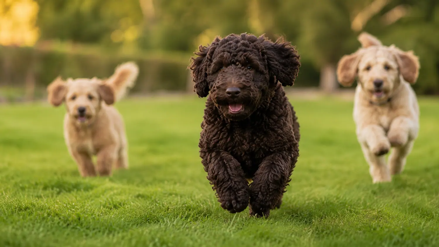 Trois chiots Australian Cobberdog courent de face sur la pelouse d'un jardin