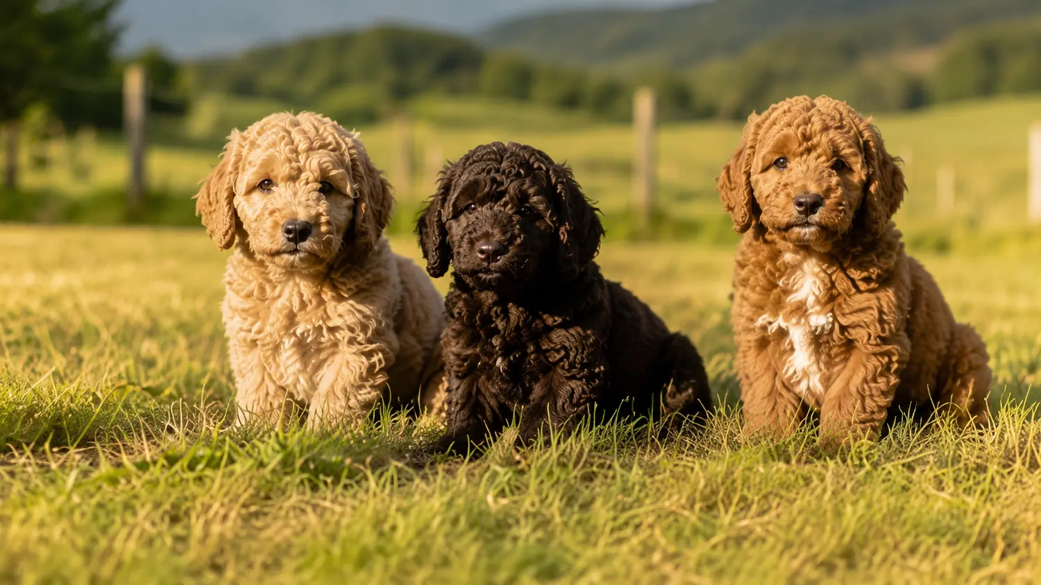 Trois chiots Australian Cobberdog crème, noir et rouge assis dans un pré au coucher du soleil