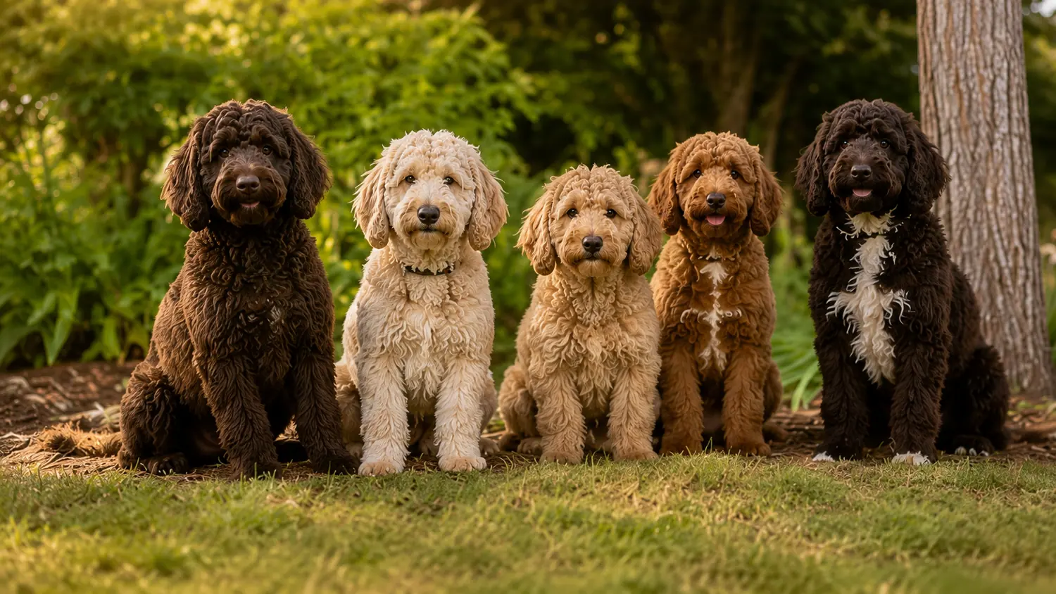Cinq Australian Cobberdogs adultes de couleurs différentes assis en ligne dans un jardin