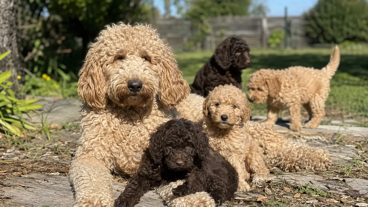 Australian Cobberdog femelle abricot couchée au soleil, entourée de quatre chiots de sa portée