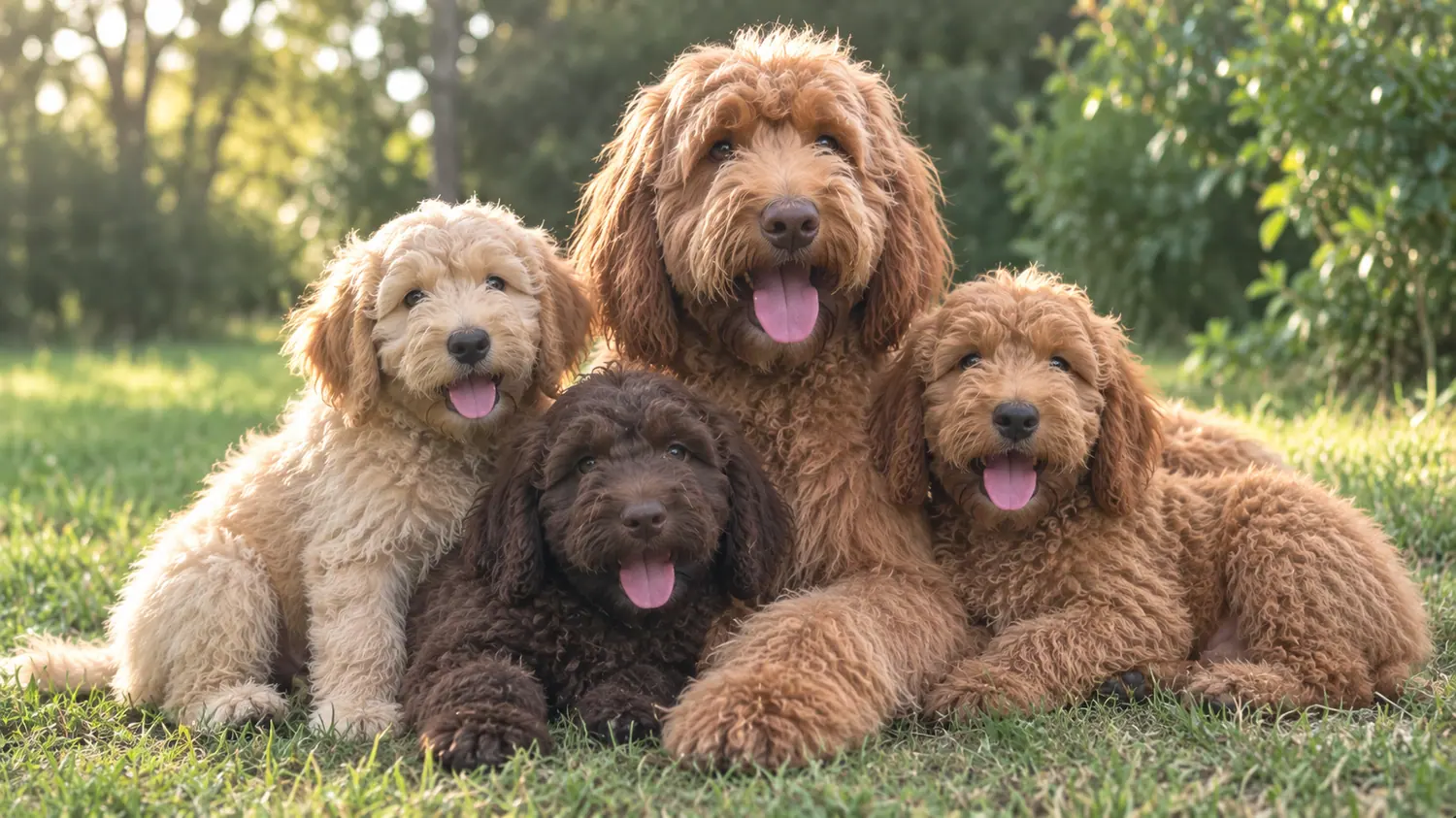 Australian Cobberdog femelle rouge couchée dans l'herbe, trois de ses chiots à contre-jour