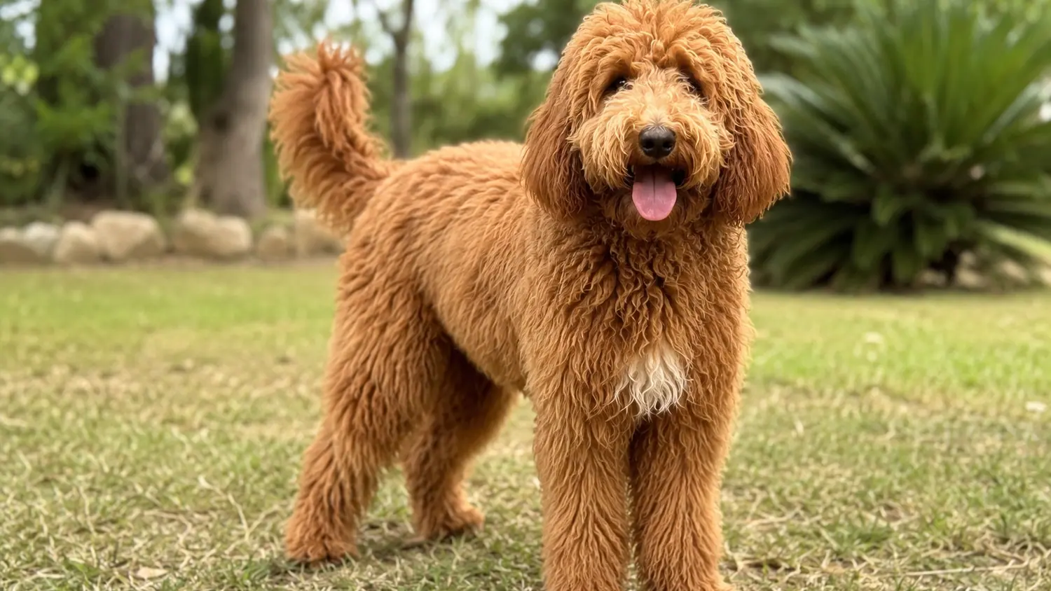 Australian Cobberdog rouge adulte debout dans l'herbe, le regard vers l'objectif