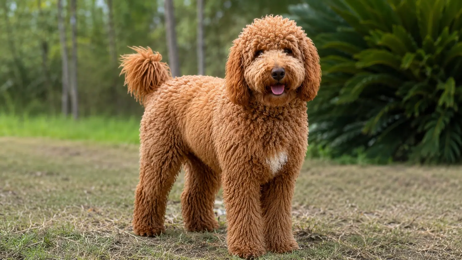 Australian Cobberdog rouge adulte debout dans l'herbe à côté d'une grande plante