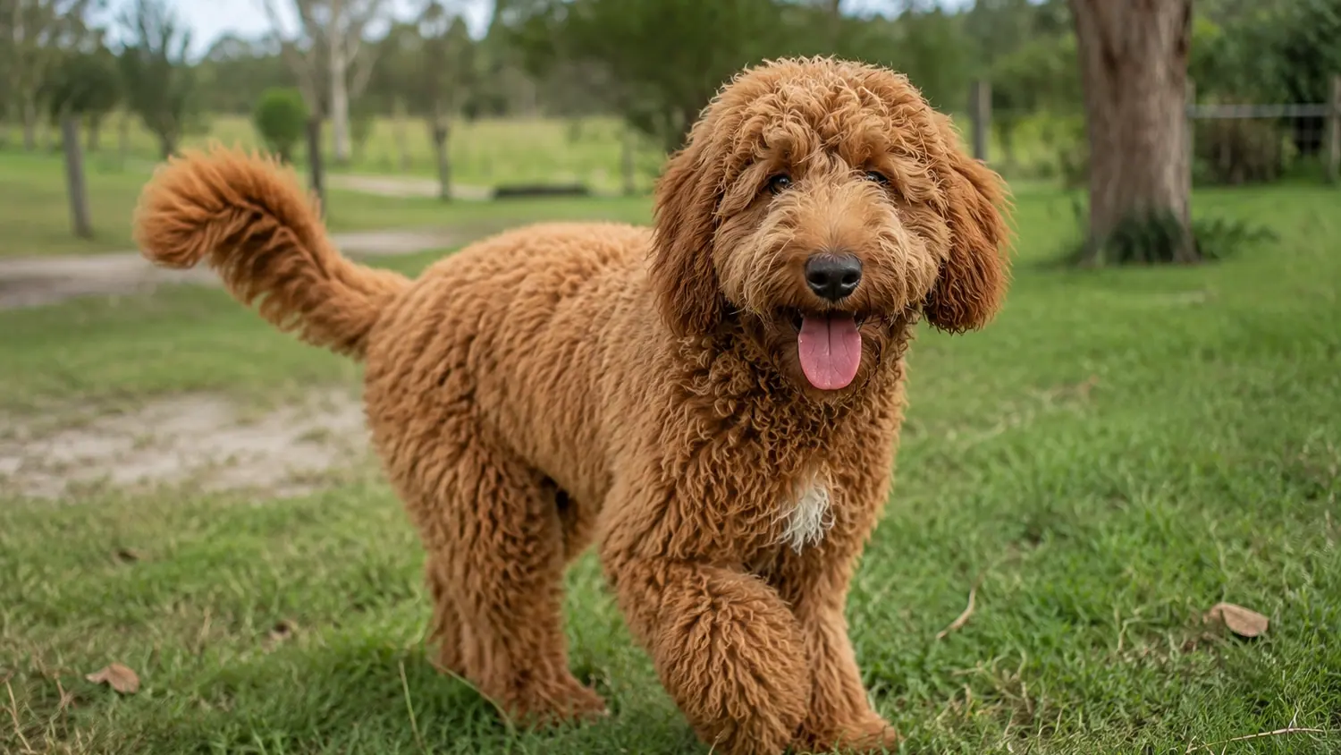 Australian Cobberdog rouge adulte debout dans l'herbe au bord d'un chemin de campagne