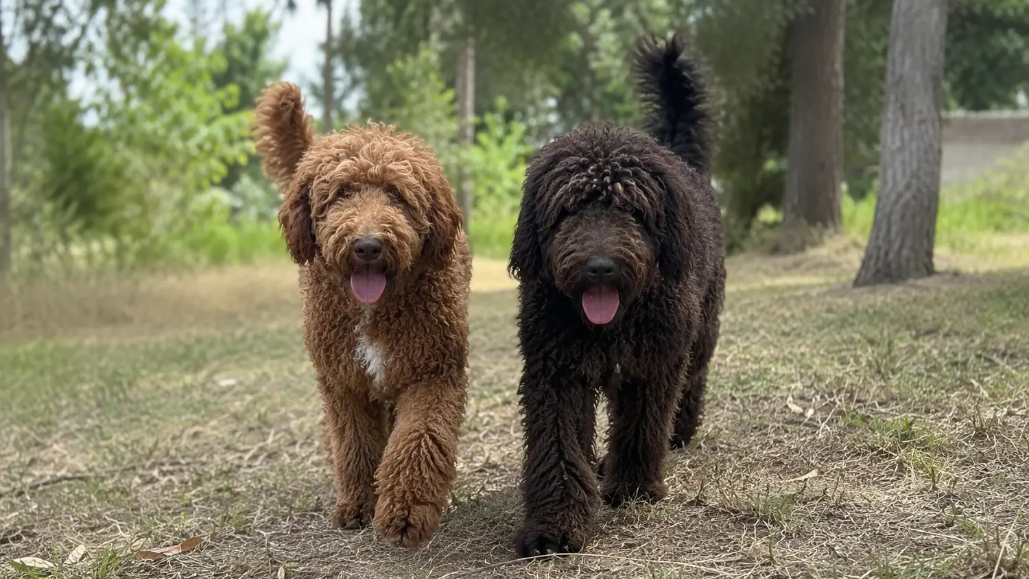 Deux Australian Cobberdogs adultes, rouge et noir, marchent côte à côte sur un chemin entre les arbres