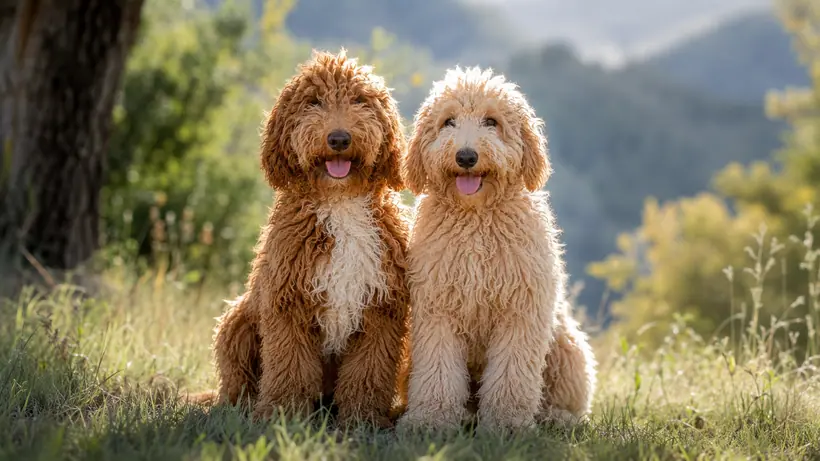 Deux Australian Cobberdogs adultes, rouge et crème, assis dans l'herbe devant les montagnes dans la lumière dorée du soir