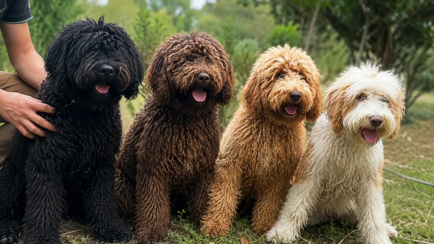Quatre Australian Cobberdogs adultes assis en ligne, une main caresse le chien noir