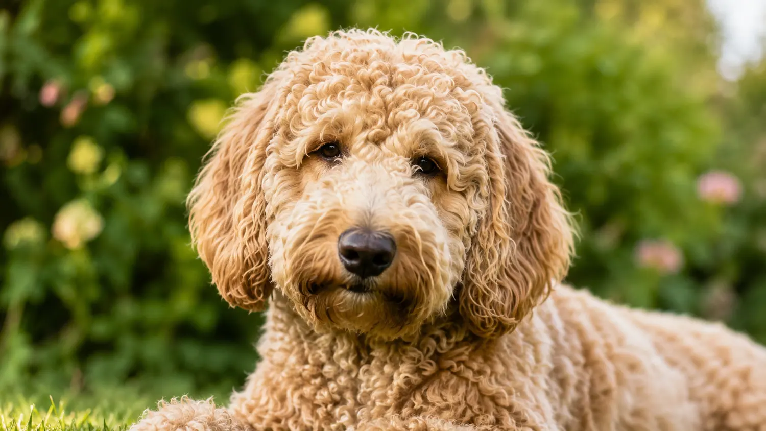 Portrait d'un Australian Cobberdog abricot adulte au poil dense et bouclé