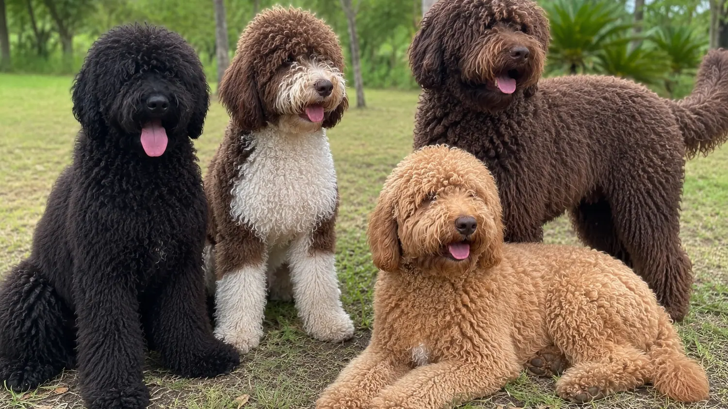 Quatre Australian Cobberdogs adultes noir, chocolat, bicolore et rouge sur la pelouse d'un jardin