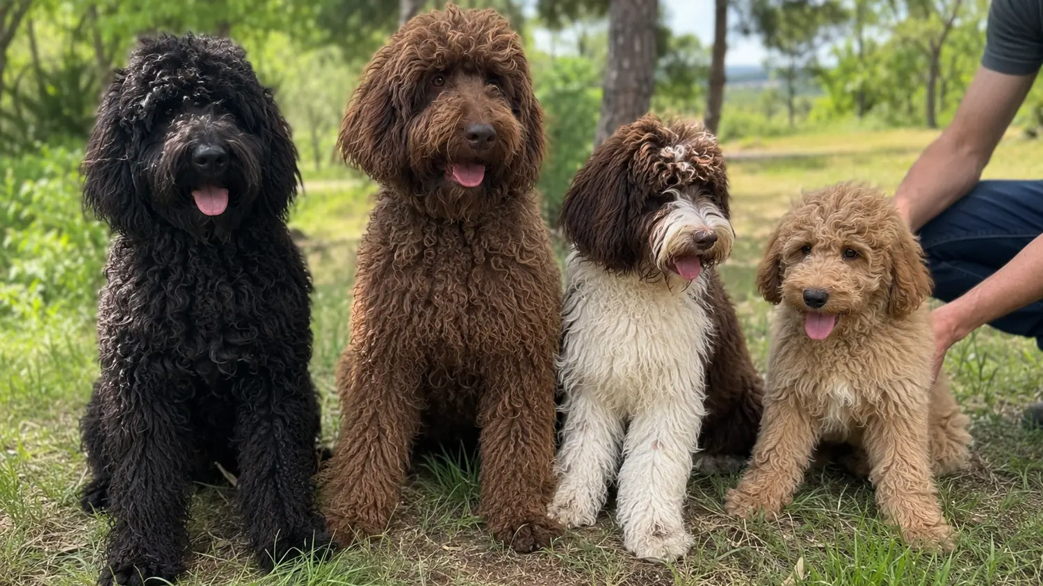 Quatre Australian Cobberdogs de tailles différentes assis en ligne, du plus grand adulte au plus petit chiot