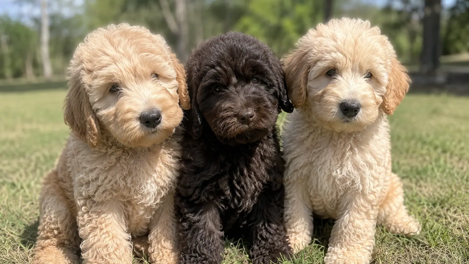 Trois chiots Australian Cobberdog crème et chocolat assis côte à côte dans l'herbe