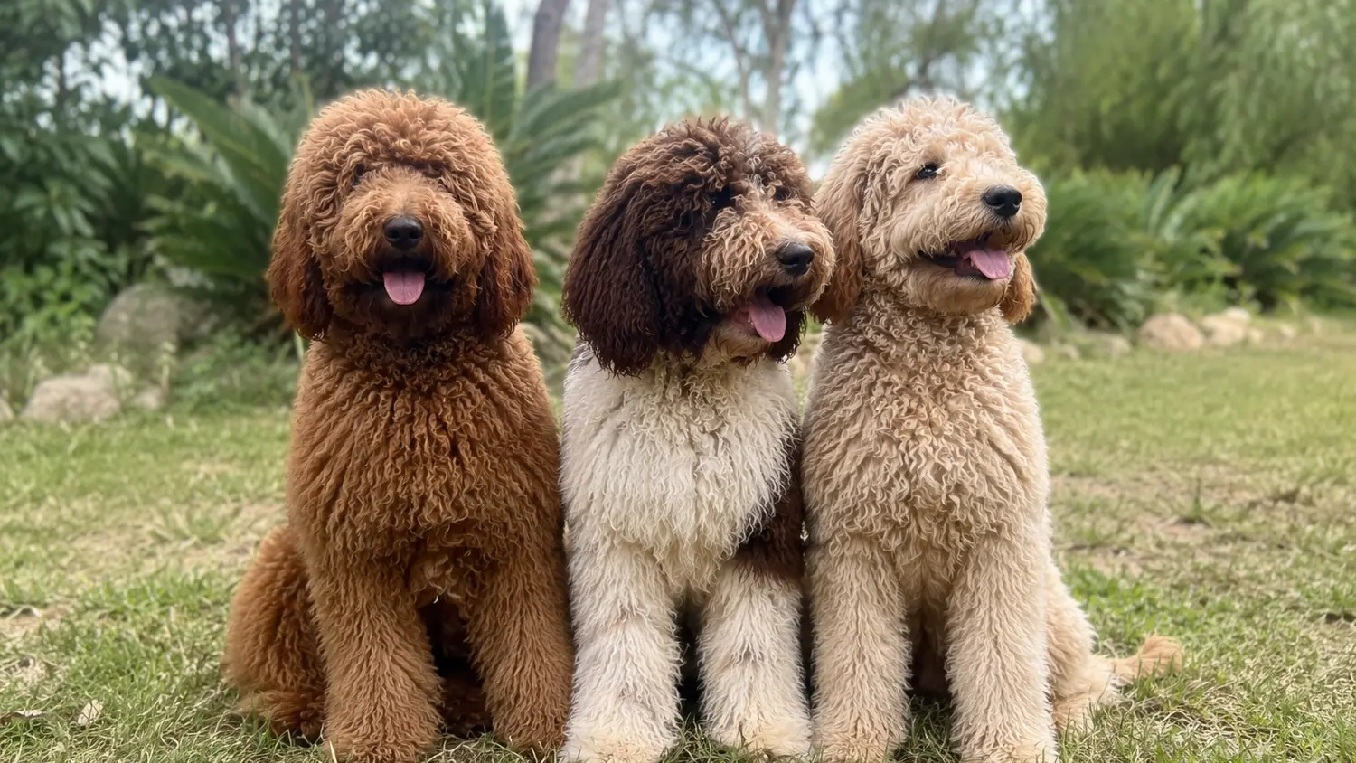 Trois Australian Cobberdogs adultes assis côte à côte dans l'herbe d'un jardin