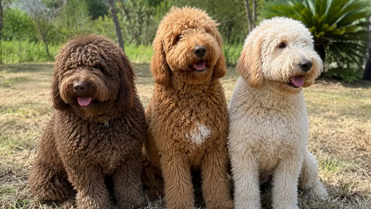 Trois Australian Cobberdogs adultes chocolat, rouge et crème assis en ligne dans l'herbe