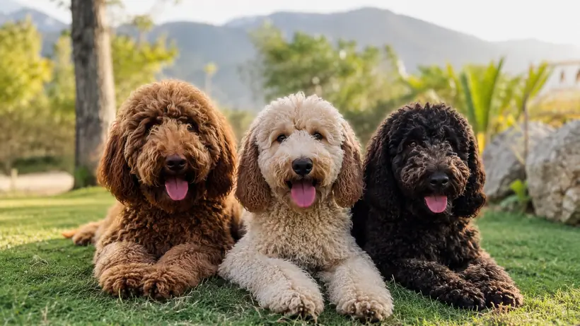 Trois Australian Cobberdogs adultes couchés dans l'herbe, une montagne en arrière-plan