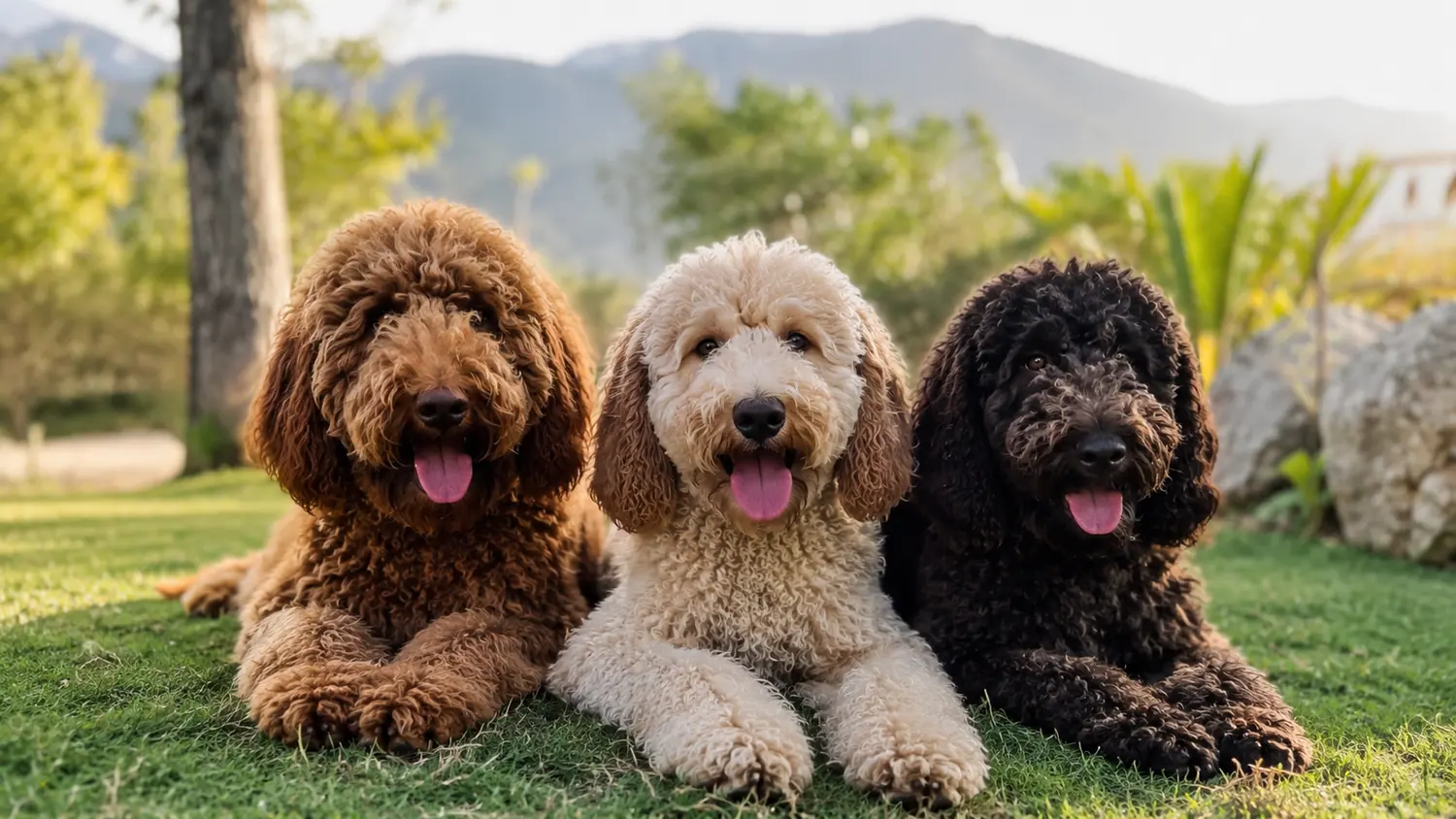 Trois Australian Cobberdogs adultes couchés dans l'herbe, une montagne en arrière-plan