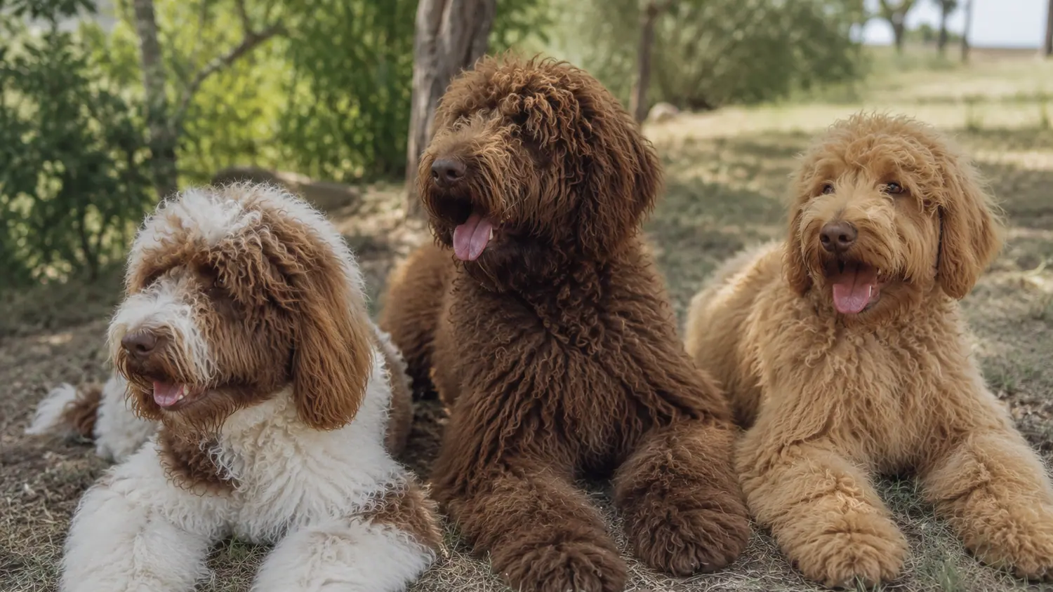 Trois Australian Cobberdogs adultes se reposent à l'ombre des arbres